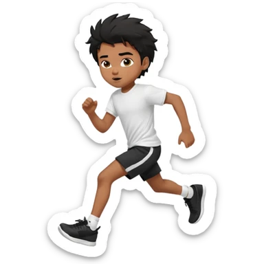 generate a pretty bratz brown skinned boy with black messy hair wearing a white tshirt and black running shorts. running on the street with white sneakers sticker