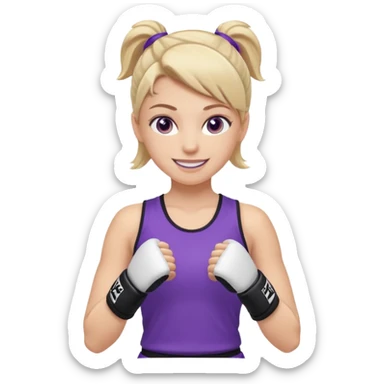 a white girl in  purple gear kickboxing smiling with a full shirt on sticker