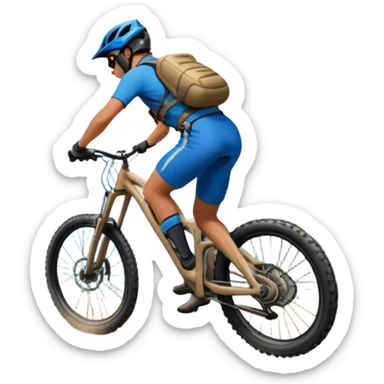 A thrilling downhill mountain biking scene! A rider in full gear speeds down a steep rocky trail, kicking up dust. The rugged mountain landscape surrounds them, with towering peaks, evergreen trees, and a bright blue sky. The rush of adventure is in the air. Transparent background. sticker