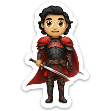 Vintage Tanned man with black hair and stern face with a pointed chin triangular jawline wearing red and black armour holding sword vintage intricate patterns sticker
