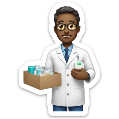 Pharmacist with a box of medics sticker