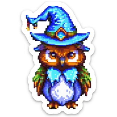 pixel art owl with a wizard hat sticker