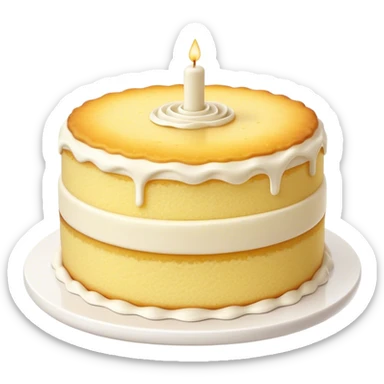 Cinematic Realistic Simple Vanilla Cake, a perfectly baked golden sponge with soft, airy layers, delicate vanilla frosting smoothly spread across the top, tiny flecks of vanilla bean visible, warm golden lighting creating depth, glowing with a sweet, irresistible charm. sticker