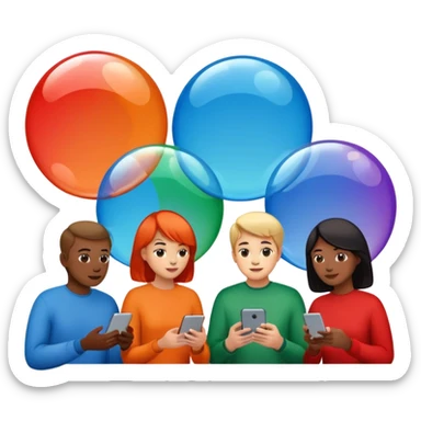 Multiple people inside colorful transparent bubbles, each using a smartphone or laptop. The bubbles are blue, red, orange, and green, with a minimalist cityscape in the background. Realistic emoji style. sticker