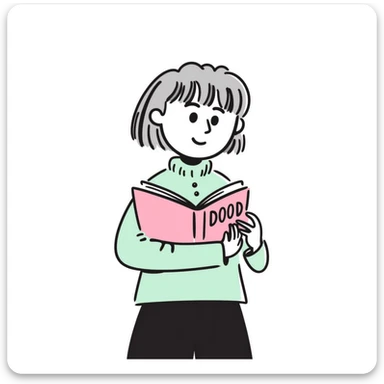 A girl with short light brown hair holding a pink book, wearing a mint shirt sticker