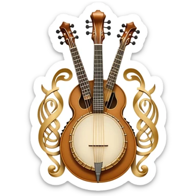 Design a sophisticated and festive emblem-like emoji representing plucked and stringed instruments. The layout should resemble a heraldic crest, featuring iconic instruments like a banjo, mandolin, domra, and sitar, artistically arranged in an elegant and symmetrical way. The necks of the instruments should be intertwined with a flowing ribbon of musical notes, winding around the strings and fretboards. The design should be detailed, showcasing the intricate carvings on the instruments, visible strings, and fret markers. Use a rich color palette with deep golds, browns, and vibrant accents to evoke a sense of luxury and celebration. The musical notes should appear to float around the instruments, connecting them in a graceful, dynamic way. Include ornate flourishes or decorative elements like laurels, swirls, or subtle engravings to give the image a professional, emblematic appearance. The background should be transparent. sticker