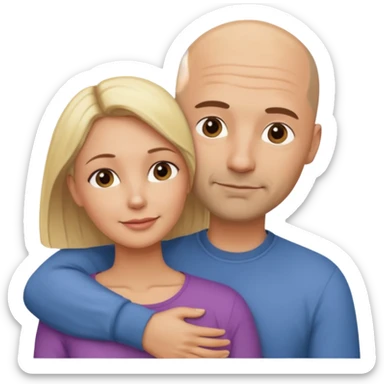 A 40-year-old couple embraces in a tender embrace. In casual attire. He is bald with a dark, stubble. She is a head shorter than him, and blonde. sticker