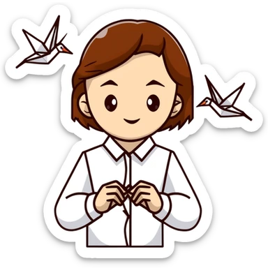 A happy Ukrainian young girl with brown hair in a white embroidered shirt makes an origami of a yellow and blue crane sticker
