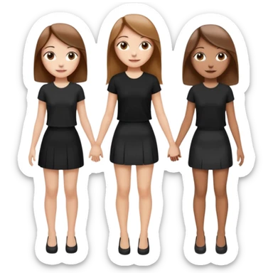 emoji of a girl with long, straight light brown hair, fair skin, soft brown eyes. Wearing a stylish black top and mini skirt. Full-height, standing confidently with shoulders back, head up, smiling proudly. Surrounded by 3 women next to her, holding hands. women have different eye color sticker