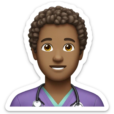 Doctor with brown curly hair and purple scrubs sticker