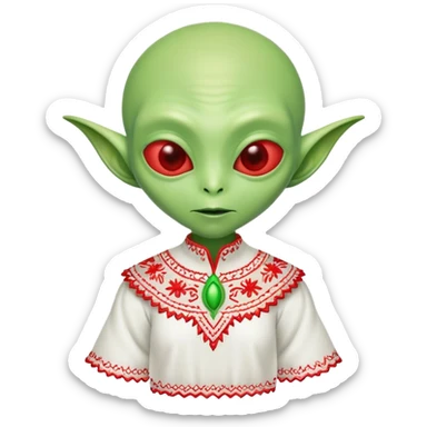 Green alien in Shirt 👚 vyshyvanka, white with red embodiary on sleeved sticker