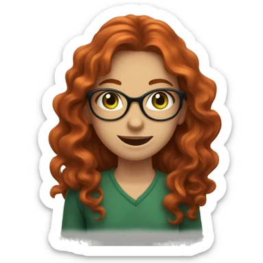 Girl with long wavy red hair, round glasses, green eyes, freckles, and a tooth gap sticker