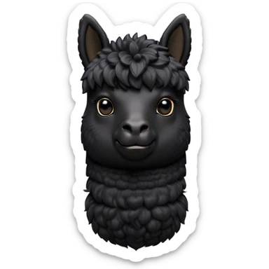 Cinematic Noble Black Alpaca Portrait Emoji, Poised and regal, with a striking, sturdy build and a sleek, well-groomed jet-black fleece, deep-set soulful dark eyes, Simplified yet sharp and sophisticated features, highly detailed, glowing with a soft, dignified glow, high shine, intelligent and mysterious, stylized with an air of elegant austerity, focused and attentive, soft glowing outline, capturing the essence of a watchful and confident companion, so majestic it feels as though it could stride out of the screen with effortless authority! sticker