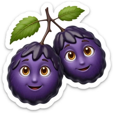two glossy dried prunes with dark purple-black skin, deeply wrinkled and slightly sticky texture, oval irregular shape with soft folds, rich chewy appearance, no pit or branch, soft lighting, subtle shadows, emoji scale sticker