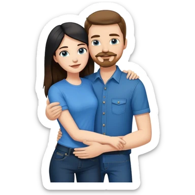 tall white guy with brown hair goatee mustache wearing blue shirt and black jeans hugging a shorter white girl with long black hair with blue jeans and white shirt sticker