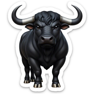 Cinematic Noble Black Bull Portrait Emoji, Poised and regal, with a massive, muscular build and a sleek, well-groomed pure black hide, deep-set soulful dark eyes, Simplified yet sharp and sophisticated features, highly detailed, glowing with a soft, dignified glow, high shine, intelligent and formidable, stylized with an air of strength, focused and attentive, soft glowing outline, capturing the essence of a watchful and confident guardian, so majestic it feels as though it could charge out of the screen with effortless authority! sticker