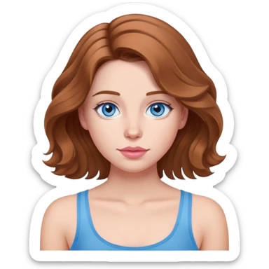 Girl with chestnut wavy hair slightly below the shoulders, in a blue tank top with thin straps, with plump soft pink lips and gray-blue eyes. sticker