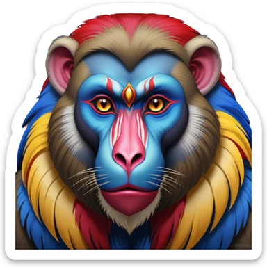 Cinematic Noble Mandrill Portrait Emoji, Poised and regal, with a striking, powerful build and a vivid, multicolored face accented by bold blue, red, and yellow hues, deep-set soulful eyes, Simplified yet sharp and sophisticated features, highly detailed, glowing with a vibrant, dignified glow, high shine, intelligent and commanding, stylized with an air of exotic majesty, focused and attentive, soft glowing outline, capturing the essence of a watchful and confident primate, so majestic it feels as though it could step out of the screen with effortless authority! sticker