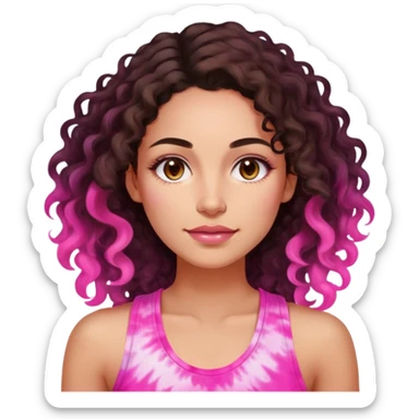 Woman in her 30s with luminous skin, long defined dark brown curls, large brown eyes, full lips with natural pink color, wearing bright pink tie-dye tank top, nurturing warm expression sticker