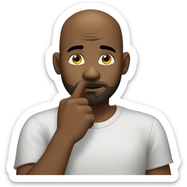 A bald black man with a beard and goatee in deep thought scratching his beard with his right index finger across his lips. sticker