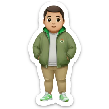 Fat mexican boy with green jacket, skinny khaki jeans, and white nikes sticker