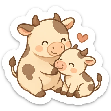 chibi cartoon sticker of a cow and a calf (گا و نیر), loving and playful style sticker
