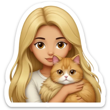 olive skin girl with long brown hair, hugging an fluffy blonde persian cat sticker