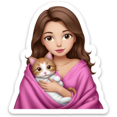 girl with long wavy brown hair, brown eyes, long lashes makeup, sexy pink lips, light to medium complexion, wearing a pink sexy silk top, big blanket over the head cozy holding a cat sticker