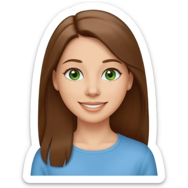 Adult woman avatar, light skin tone, oval face, straight long brown hair, green eyes, neutral mouth, sky blue top sticker