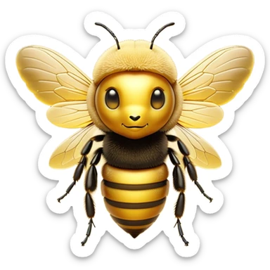 Cinematic Noble Bee Portrait Emoji, Poised and industrious, with a compact, fuzzy body in golden-yellow hues, delicate translucent wings, and a focused, determined expression with sparkling eyes, Simplified yet sharp and sophisticated features, highly detailed, glowing with a soft, sunny radiance, high shine, intelligent and diligent, stylized with an air of natural elegance, focused and alert, soft glowing outline, capturing the essence of a watchful bee that appears ready to buzz out of the screen with effortless authority! sticker