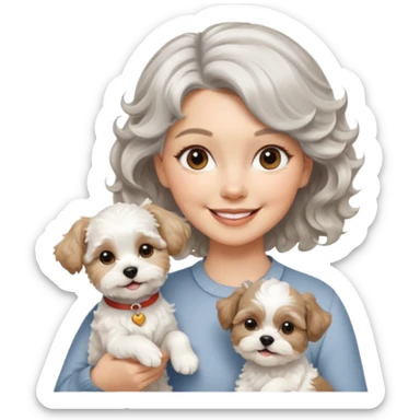 silver, short, wavy-haired with loose curls, smiling pretty lady holding a white terrier and a white/tan shih tzu dog sticker