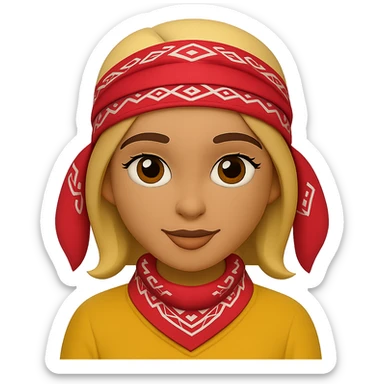 Create an image of a woman with a bandana and orange hair in the style of Apple emojis, with no background. The style should mimic the look of Apple emojis. sticker