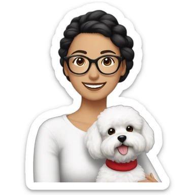 woman-black-hair-bun-with glasses-with bichon dog-white-smile-Christmas sticker