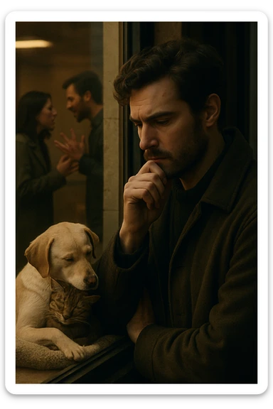 Vertical format: Close-up of a thoughtful man in front of a shop window. On one side, animals are cuddling, and on the other side, a human couple is arguing. The atmosphere is reflective. sticker