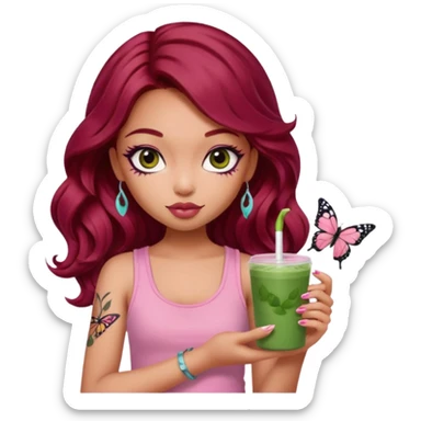a pretty fair bratz girl with wavy dark red hair, wearing a pink tank top , carrying a matcha . eyeliner on. butterfly tattoo on arm sticker