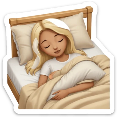 Mujer color de piel moreno claro, con cabello rubio largo, lacio y suelto, ojos negros, durmiendo con sábanas blancas, edredones beige, tomado desde un lado de la cama sticker
