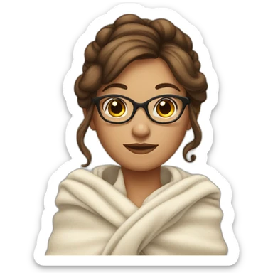 lady with blanket and brown long hair in a bun and glasses sticker
