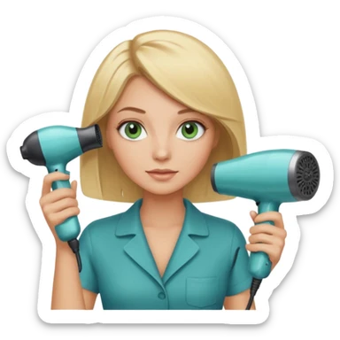 Blonde bob girl hair stylist with blue green eyes holding a hair dryer sticker