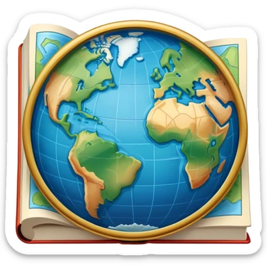 an icon featuring an earth with attitude and longitude lines, a textbook, and a topographic map, symbolizing geography as a science. The design includes a compass, mountain ranges, and rivers, representing the study of Earth's features and landscapes. Transparent background highlights geography. sticker