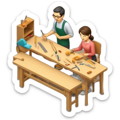 isometric woodworking teacher with student teaching in creative workshop on long table sticker