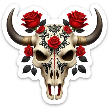 Bull skull with red roses and black intricate patterns sticker