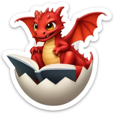 red baby dragon reading a book while sitting in freshly hatched egg sticker
