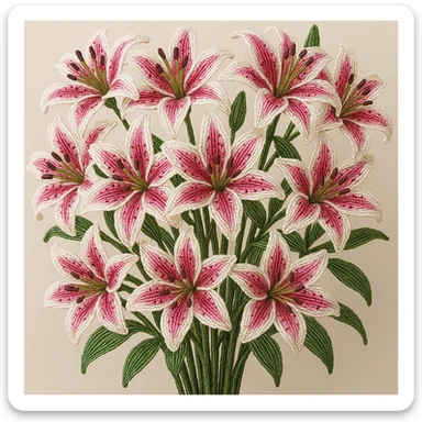 a dozen french beaded stargazer lilies, intricate beadwork, vibrant pink and white petals, green stems, realistic floral arrangement, close-up, elegant and detailed sticker