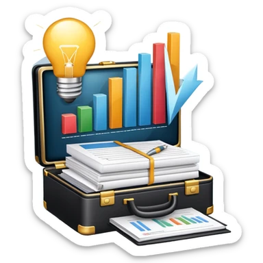 An icon showing a briefcase, a stack of documents, and a rising bar chart, representing business and entrepreneurship. The design features a laptop and a lightbulb, symbolizing innovation and strategy. Transparent background highlights the dynamic world of business growth and leadership. sticker