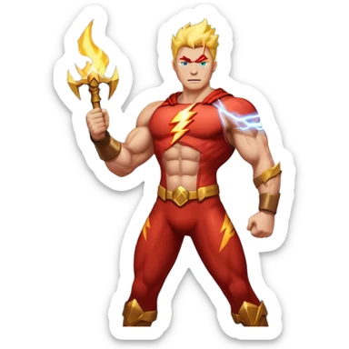A hero standing tall, with lightning bolts and fire surrounding them sticker