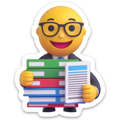 3D smiley emoji, round shape, administrator: holding a stack of documents, wearing glasses, with the text "Adminisztrátor" on it sticker
