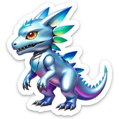 white iridescent colorful metallic alloy gradient shiny glossy Fakémon-Digimon-creature-hybrid (full body) sticker