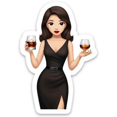 Beautiful woman in 1950’s woman fashion look, black dress, long dark brown hair, whisky with ice sticker