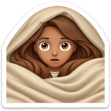 a tanned girl with brown long hair laying in bed hid under the blanket  in fear sticker
