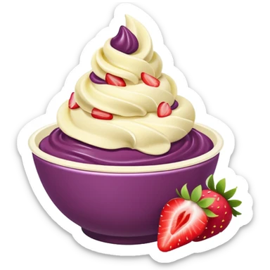 acai purple soft serve in a bowl strawberries and chopped banana sticker
